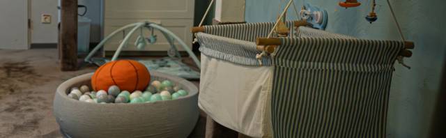 Kleinkinderbetreuungsraum mit Hängebett, Bällebad und Spielhimmel