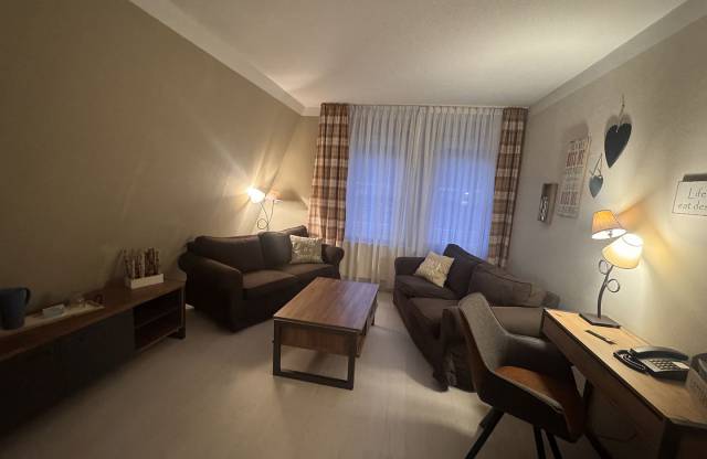 Wohnraum mit Sofas, Sideboard Tisch und Stuhl