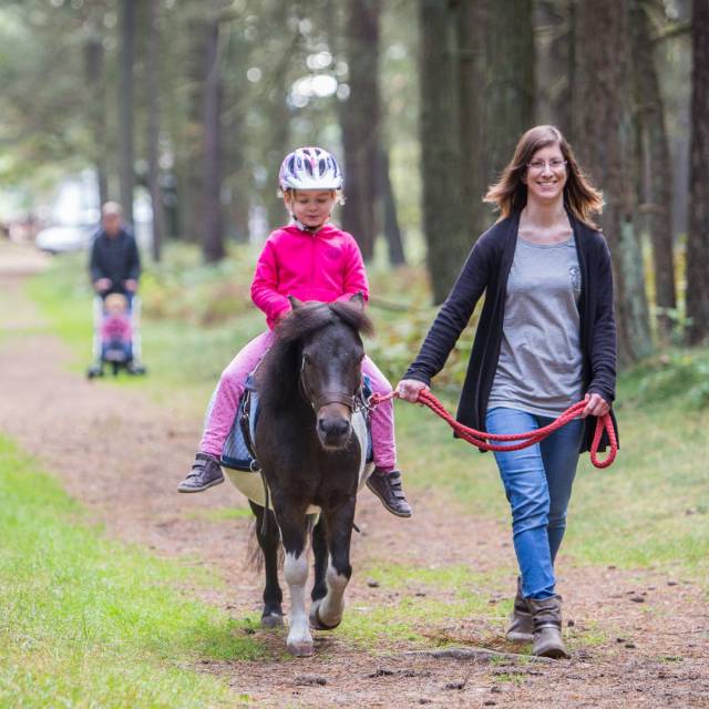 braunes Pony wird von Kind geritten und Mutter führt sie an rotem Strick 