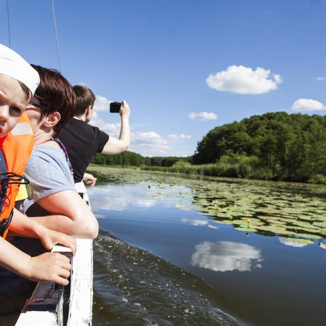 Eine Familie fährt mit dem Boot über die mecklenburgische Seenplatte. Man sieht blauen Himmel und viele Seerosen.